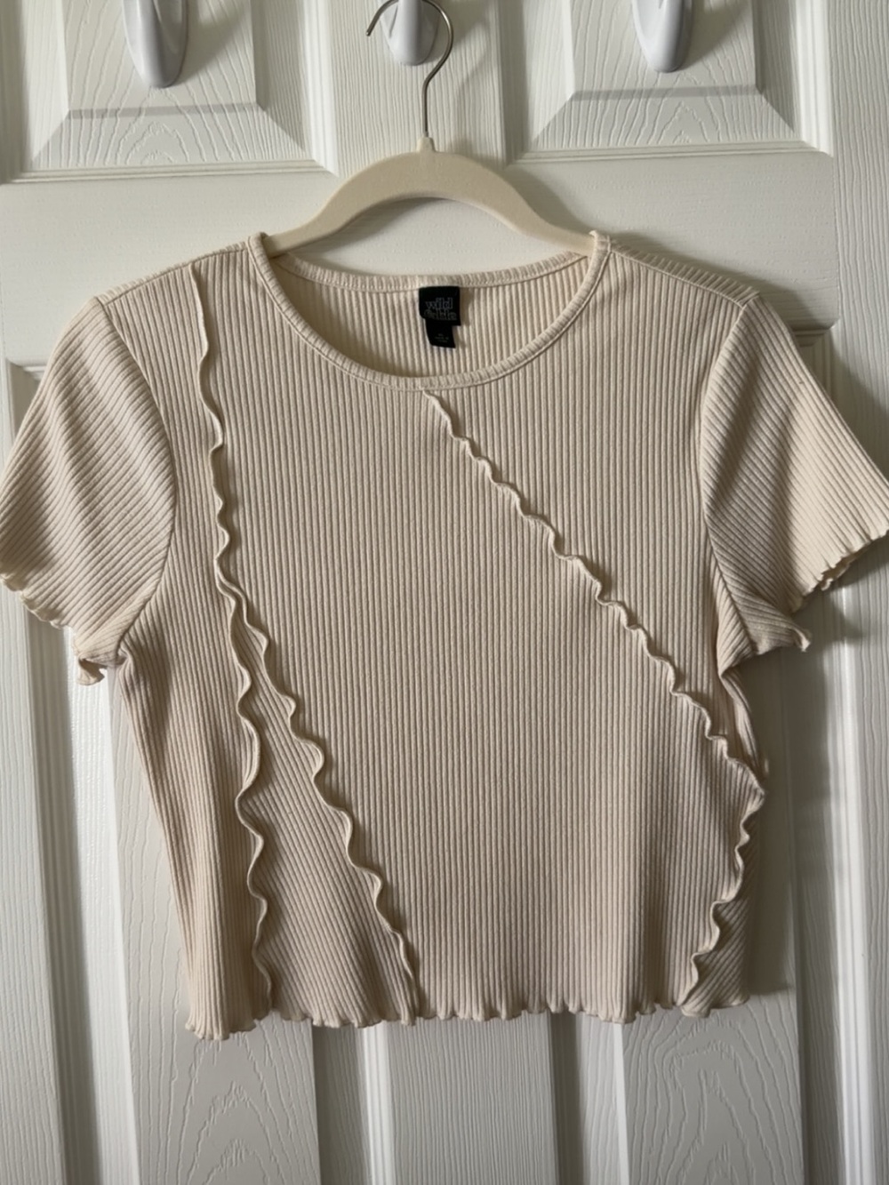 wild fable Cream Ribbed Ruffle-Trim Short Sleeve Top
